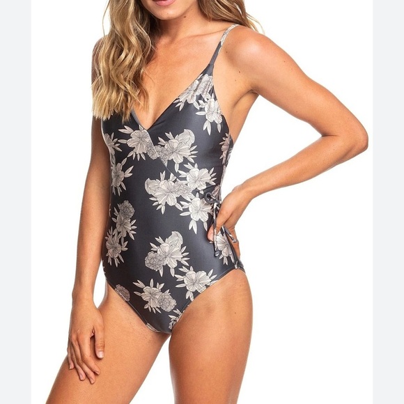 Roxy Other - Roxy romantic senses one piece floral cream and gray bathing suit swim side tie